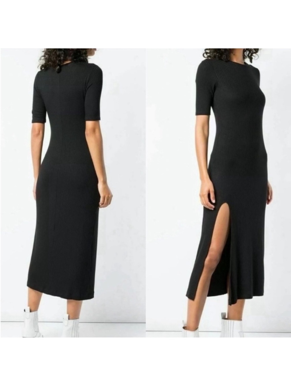 Reformation Olympia Black Ribbed Midi Dress with Thigh Slit, Size S - Picture 2 of 8